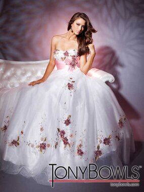 Tony Bowls 112515 Floral Ballgown Size 20 White Pink Strapless Prom Pageant Form